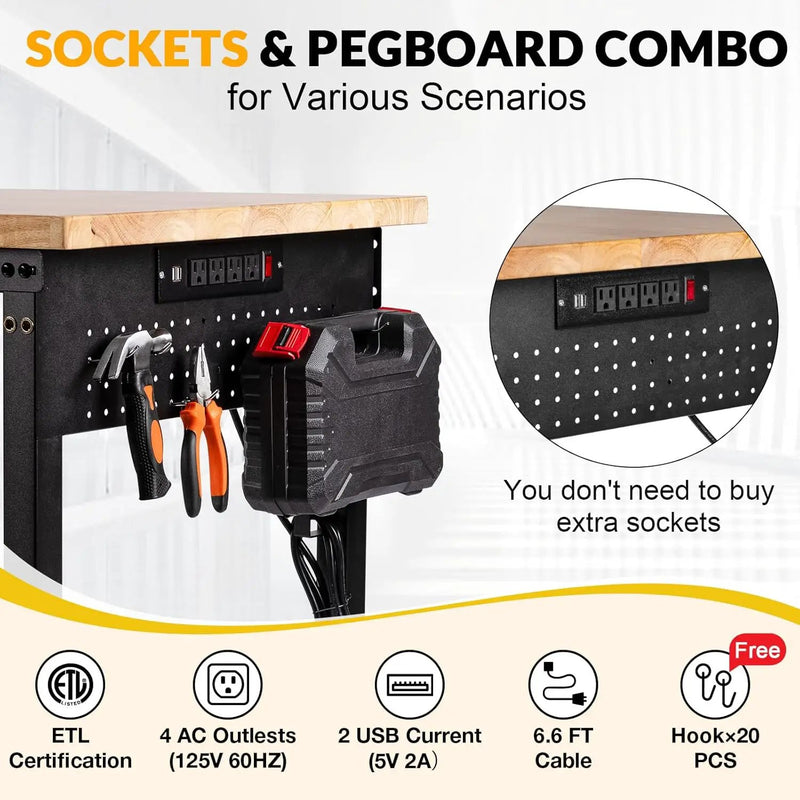 60" Workbench for Garage with Drawers Rubberwood Tabletop Work Table with Pegboard, Power Outlets Adjustable Height Work Bench for Office, Woodworking Shop, Home by GreenHaven Gardens
