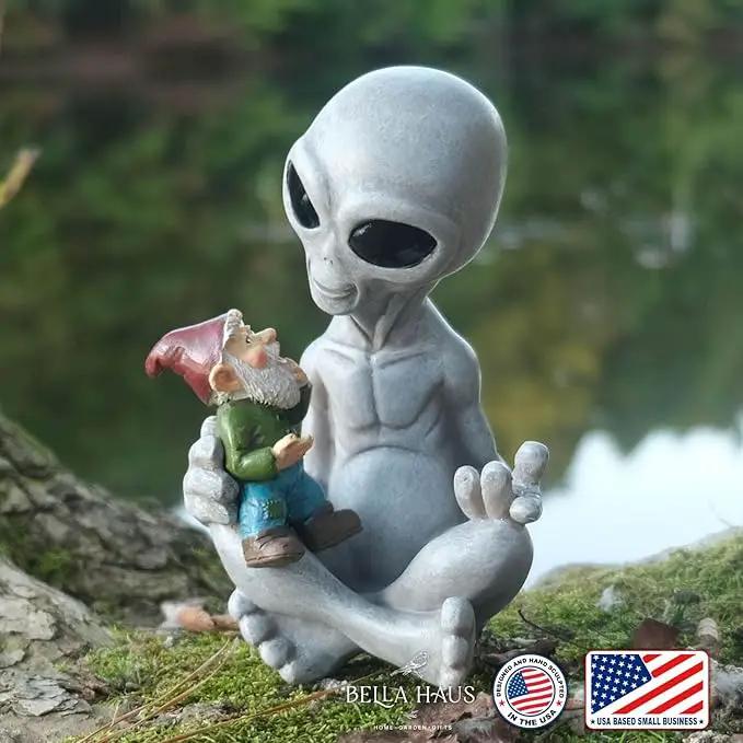 Andre' & Fritz Friendship Stories Alien and Gnome Garden Statue | Poly-Resin 6.5" h x 4" w x 3.5" d Outdoor Décor (Stories - Garden Statue) by GreenHaven Gardens
