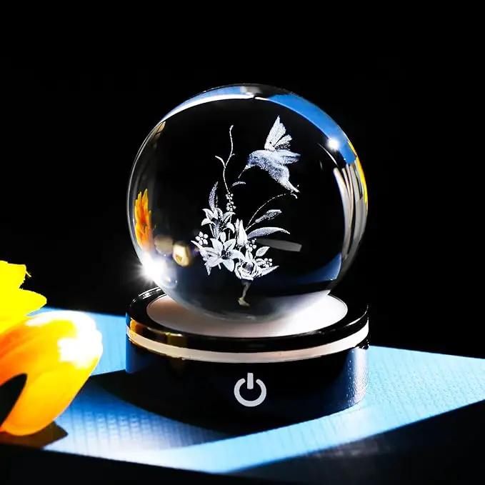 YWHL 3D Hummingbird Figurine Crystal Ball with Light Base, Hummingbird Gifts for Women Men on Christmas Birthday, 3D Laser Engraved Hummingbird Ornament Glass Decorative Ball for Home Office (80mm) by GreenHaven Gardens