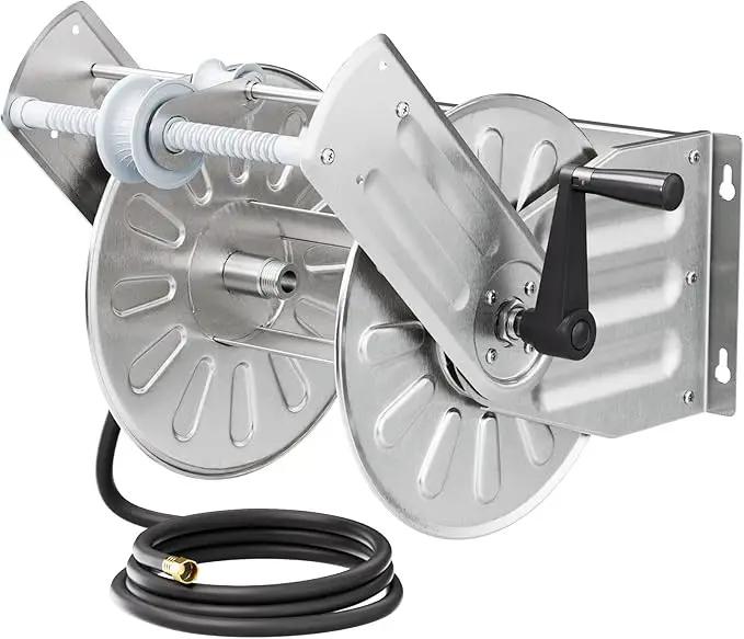 GREENER Stainless Steel Hose Reel for Outside,Wall Mount Garden Hose Holder Heavy Duty Metal Reel, 3/4" Solid Connector with 5/8" Inlet Hose and Crank,100-Feet 5/8" Hose Capacity by GreenHaven Gardens