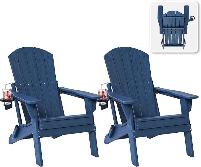 Folding Adirondack Chair Set of 2 with Cup Holder, HDPE All Weather Resistant Plastic Outdoor Patio Chairs, Heavy Duty Fire Pit Seating for Backyard Lawn Garden, Wooden Textured Design(Navy Blue) by GreenHaven Gardens