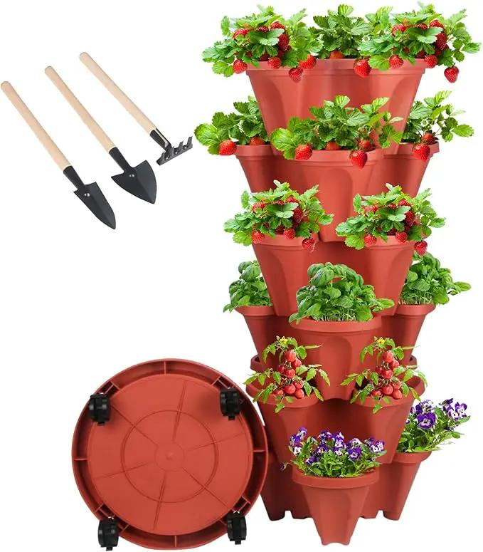 Vertical Planter 6 Tier Stackable Planters Garden Planters Strawberry Herb Flower and Vegetable Planter Indoor Outdoor Gardening Pots with Removable Wheels and Tools by GreenHaven Gardens