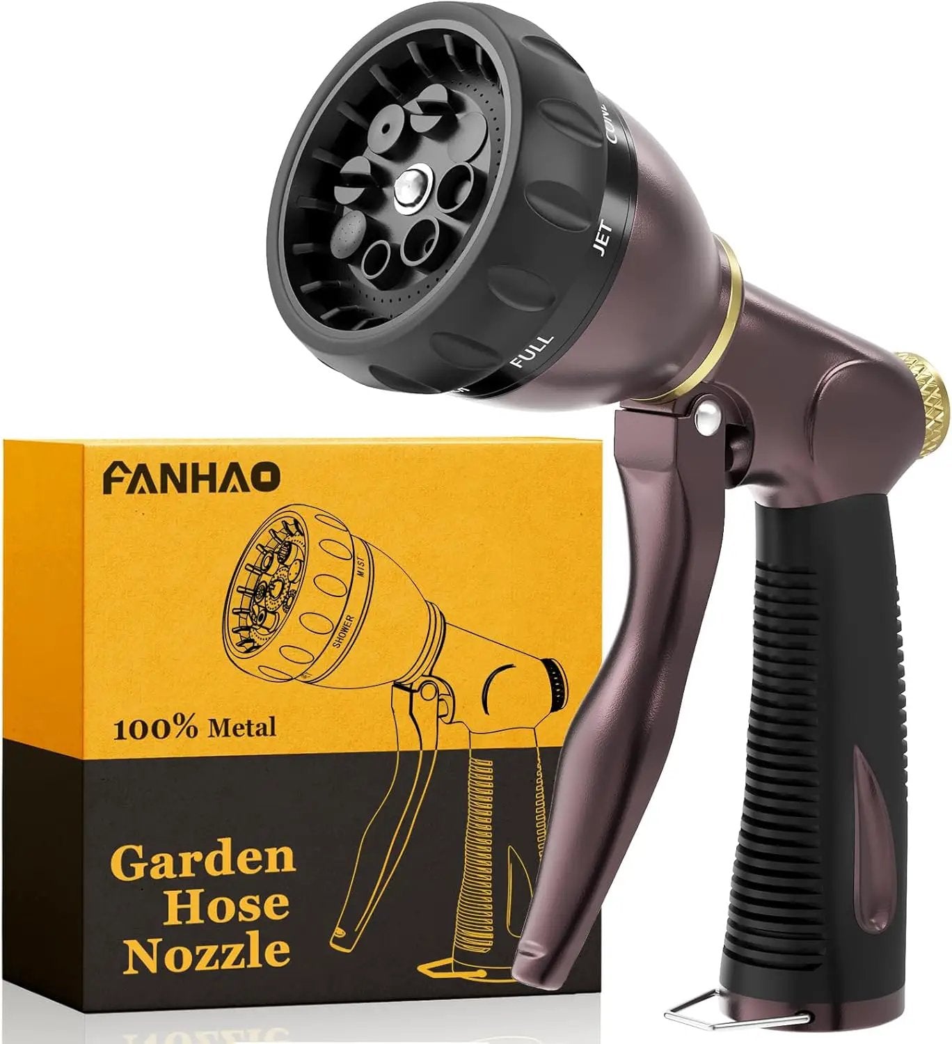 FANHAO Heavy Duty Garden Hose Nozzle, 100% Metal Water Nozzle with 8 Adjustable Spray Patterns, High Pressure Hose Sprayer with Non-Slip Grip for Watering Plants & Lawns, Washing Cars & Pets -Bronze by GreenHaven Gardens