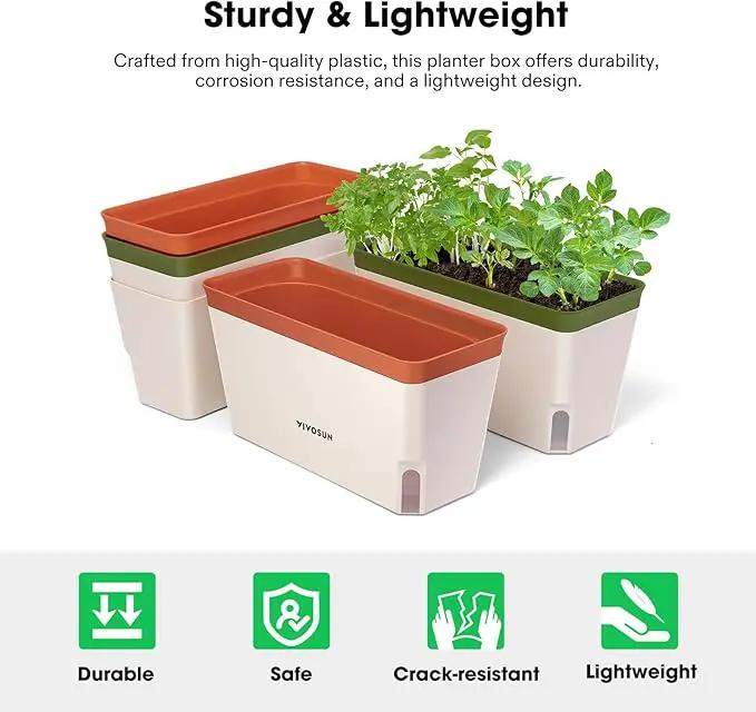 VIVOSUN Self-Watering Planters, 4-Pack 10.5 Inch Compact Rectangular Window Herb Planter Box with 10 PCS Plant Labels, Plant Container for Basil, Flowers, Succulents, Indoor & Outdoor by GreenHaven Gardens