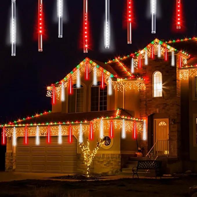 Solar Meteor Shower Lights Outdoor Waterproof, Christmas Decorations Lights Solar Powered, 16 Tubes 384LED Rain Drop Lights, Snow Cascading String Lights for Tree Party Garden Decor (Red and White) by GreenHaven Gardens