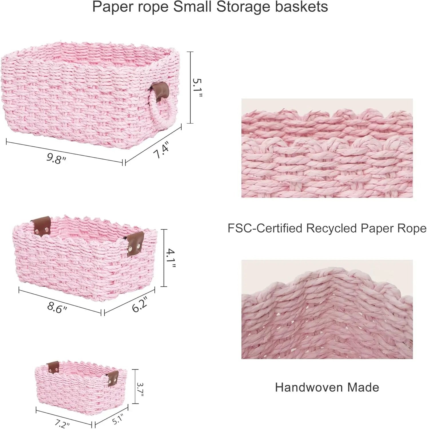 Small baskets for Organizing,Cute woven Storage basket with recycled paper rope for Shelves Bathroom,Little decorative basket,Set of 3 (Pink) by GreenHaven Gardens