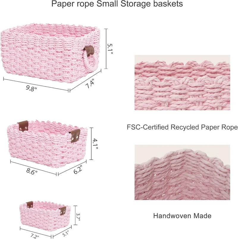 Small baskets for Organizing,Cute woven Storage basket with recycled paper rope for Shelves Bathroom,Little decorative basket,Set of 3 (Pink) by GreenHaven Gardens