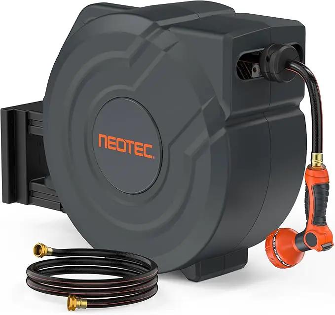 NEOTEC Retractable Garden Hose Reel 5/8 inch x 90ft - Wall Mounted Heavy Duty Hose Reel with 3/4 Inch Brass Fittings & 9-Pattern Nozzle - Auto Rewind System, Any Length Lock, 180° Swivel Bracket by GreenHaven Gardens