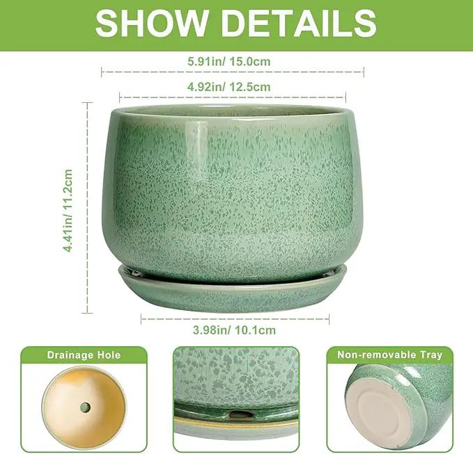 G EPGardening Ceramic Pots for Plants - 6 Inch Plant Pot with Drainage Hole and Saucer, Modern Ceramic Planter for Indoor Outdoor, Round Flower Planter, Gifts for Plants Lovers, Home Decor, Green by GreenHaven Gardens