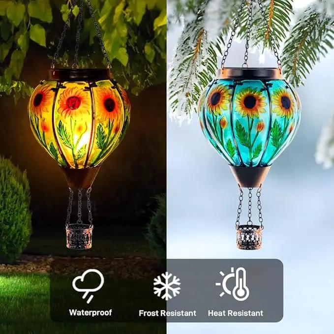 Starsoul Sunflower Hot Air Balloon Solar Lantern - Glass Outdoor Flickering Flame Light, Waterproof Hanging Lamp for Garden, Patio, Yard, Party Decor by GreenHaven Gardens