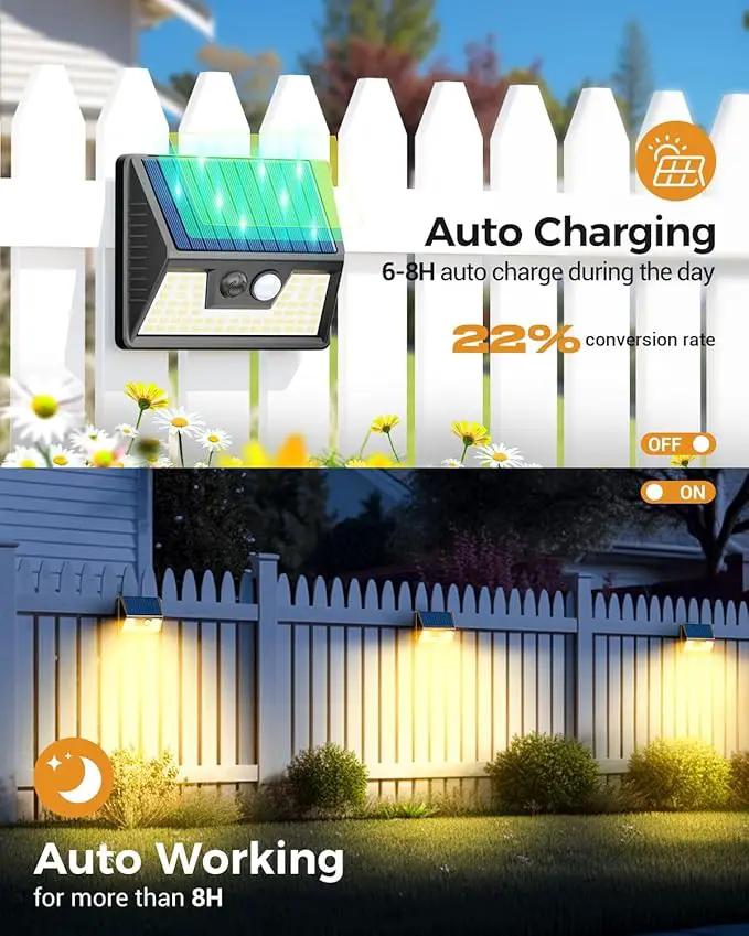 4 Pack Solar Fence Lights, Waterproof Motion Sensor Deck Outdoor, Warm White LED Outside Wireless for Wall Yard Steps Stairs Garden - Black by GreenHaven Gardens