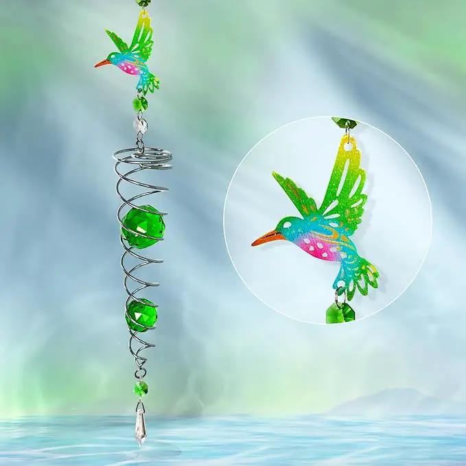 FONMY Hummingbird Gazing Ball Spiral Wind Spinner Sun Catcher Rainbow Maker Silver Spiral W/ K9 Green Crystal Ball Tree Hanging Ornament Indoor Outdoor Garden Decor. -19.5inch H by GreenHaven Gardens