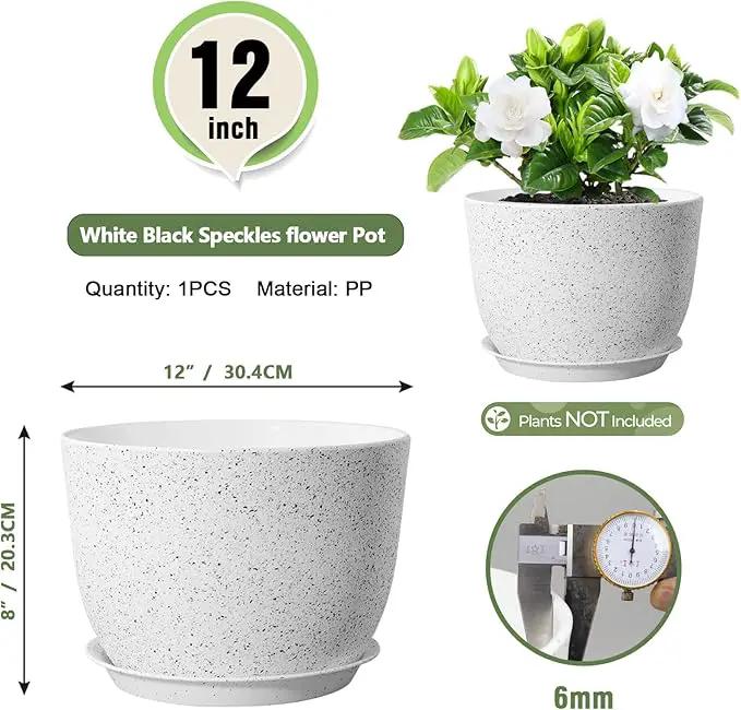 Plant Pots 12 inch, Plastic Planters with Drainage Holes and Saucers, Large Flower Pots for Indoor Outdoor Plants, Modern Decorative Pots for Garden House Plants, Speckled White by GreenHaven Gardens