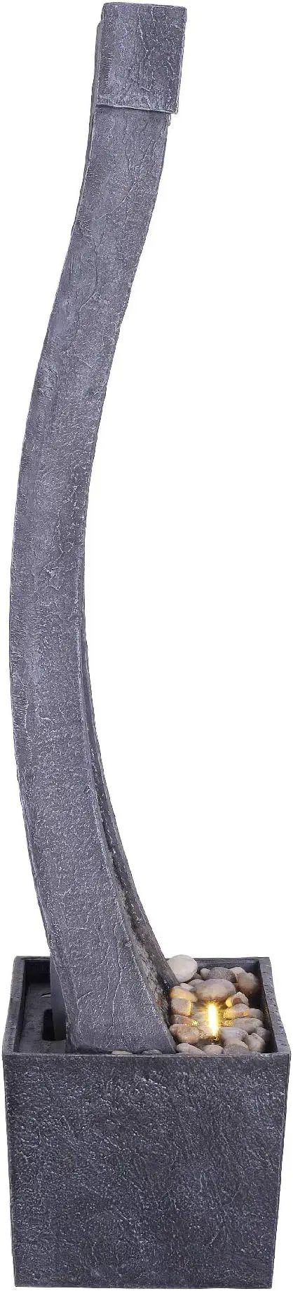 Teamson Home 38.58 in. Modern Curved Faux Slate Waterfall Fountain for Indoors or Outdoors with LED Light Accents and 1.98-Gallon Pump, Black and Stone Gray by GreenHaven Gardens