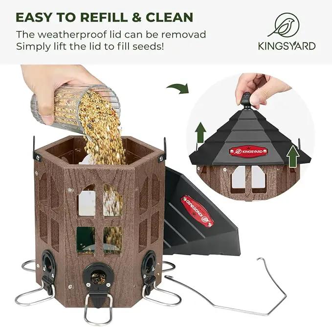 Kingsyard Wild Bird Feeder for Outdoor Hanging, Recycled Plastic Bird Feeders with 6 Ports & U-Shape Perch, Garden Yard Outside Decoration, 3.5 lbs Seed Capacity, Brown by GreenHaven Gardens