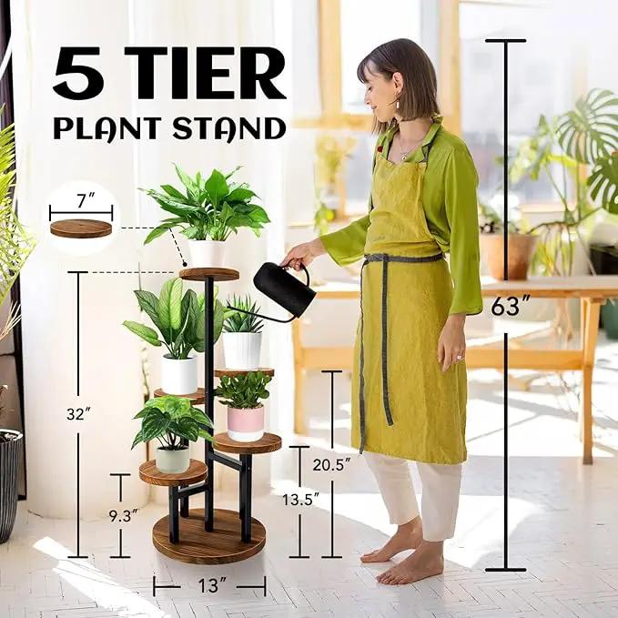 AUGOSTA 5 Tier Plant Stand, Tall Metal Wood Shelf Holder for Indoor Plants, Outdoor Garden Plant Display Rack Flower Pot Stand for Corner Living Room Balcony Garden Patio by GreenHaven Gardens