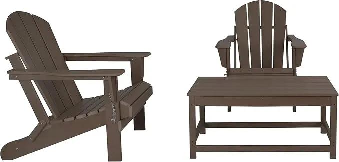 WO Home Furniture Adirondack Chairs Table Set of 3 PCS Outdoor Folding Chairs Coffee Table Weather/UV Resistant for Lawn, Garden, Bon Fire, Balcony (Dark Brown) by GreenHaven Gardens