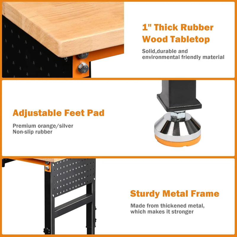 60" Heavy-Duty Adjustable Workbench for Garage, Rubber Wood Shop Table W/Double Pegboards & Drawer,Hardwood Workstation Weight Capacity Over 2000 Lbs by GreenHaven Gardens