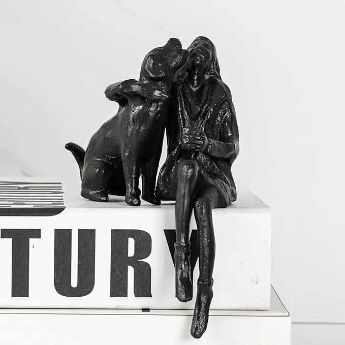 Cast Iron Sitting Woman and Dog Statue, Love Figurine, Gifts for Dog Lovers, Memorial Gifts for Women and Girls, Black by GreenHaven Gardens