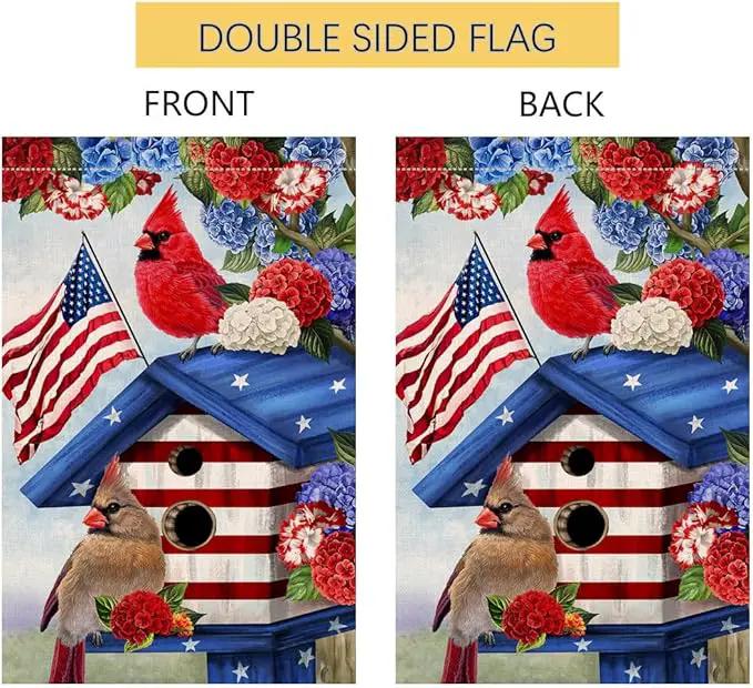 BLKWHT 4th of July Cardinal Bird Garden Flag 12x18 Vertical Double Sided Red Blue Floral Memorial Day Independence Day Holiday Outside Decorations Burlap Yard Flag BW824 by GreenHaven Gardens