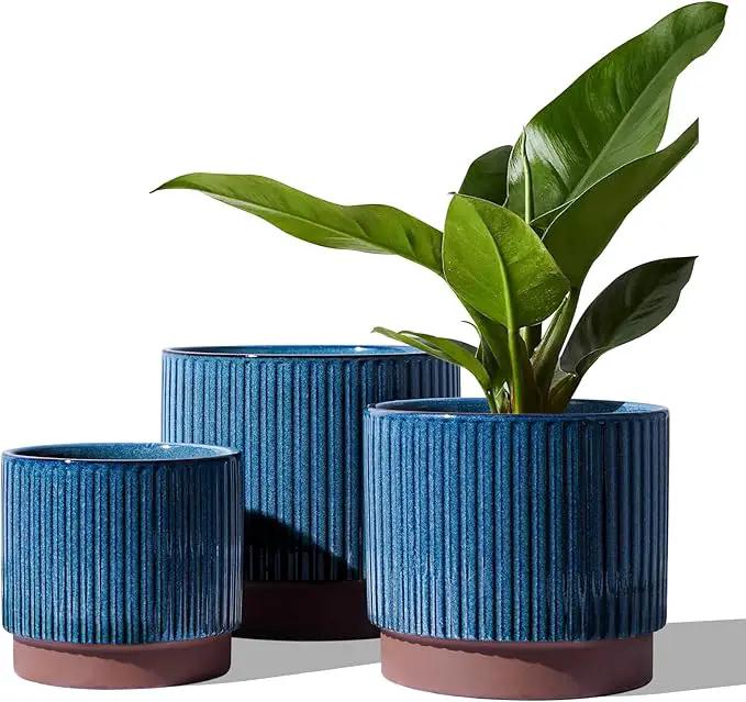 LE TAUCI Ceramic Pots for Plants, 8+6.7+5.5 Inch Plant Pots Indoor, Flower Pot with Drainage Holes, Medium Cylinder Planters for Indoor House Plants, Set of 3, Blue by GreenHaven Gardens