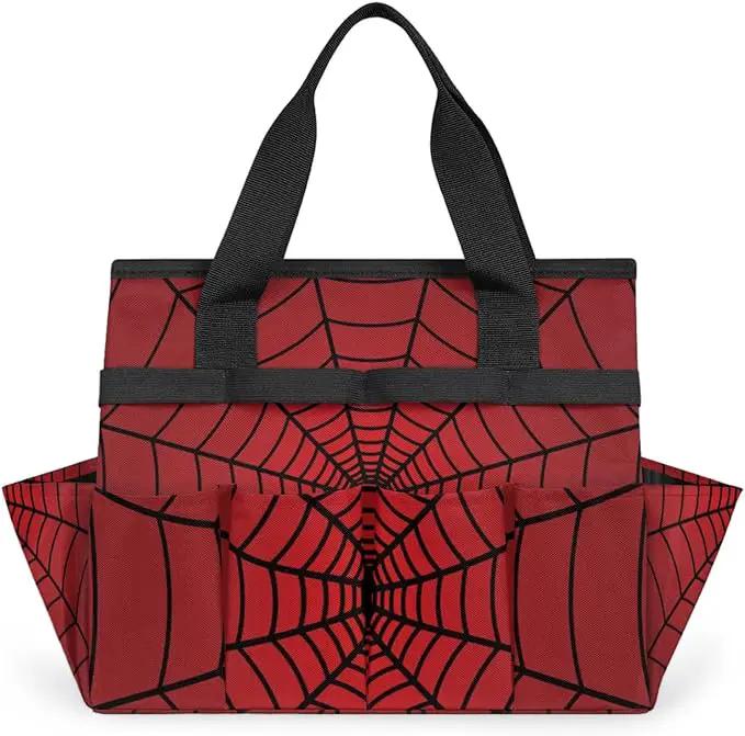 Spiders Web Red Gardening Tool Bag,Heavy Duty Garden Tote Bag,Portable Oxford Gardening Storage Basket Organizer Handbag with Pockets Handle,Hand Tools Gifts for Outdoor Garden Lawn by GreenHaven Gardens