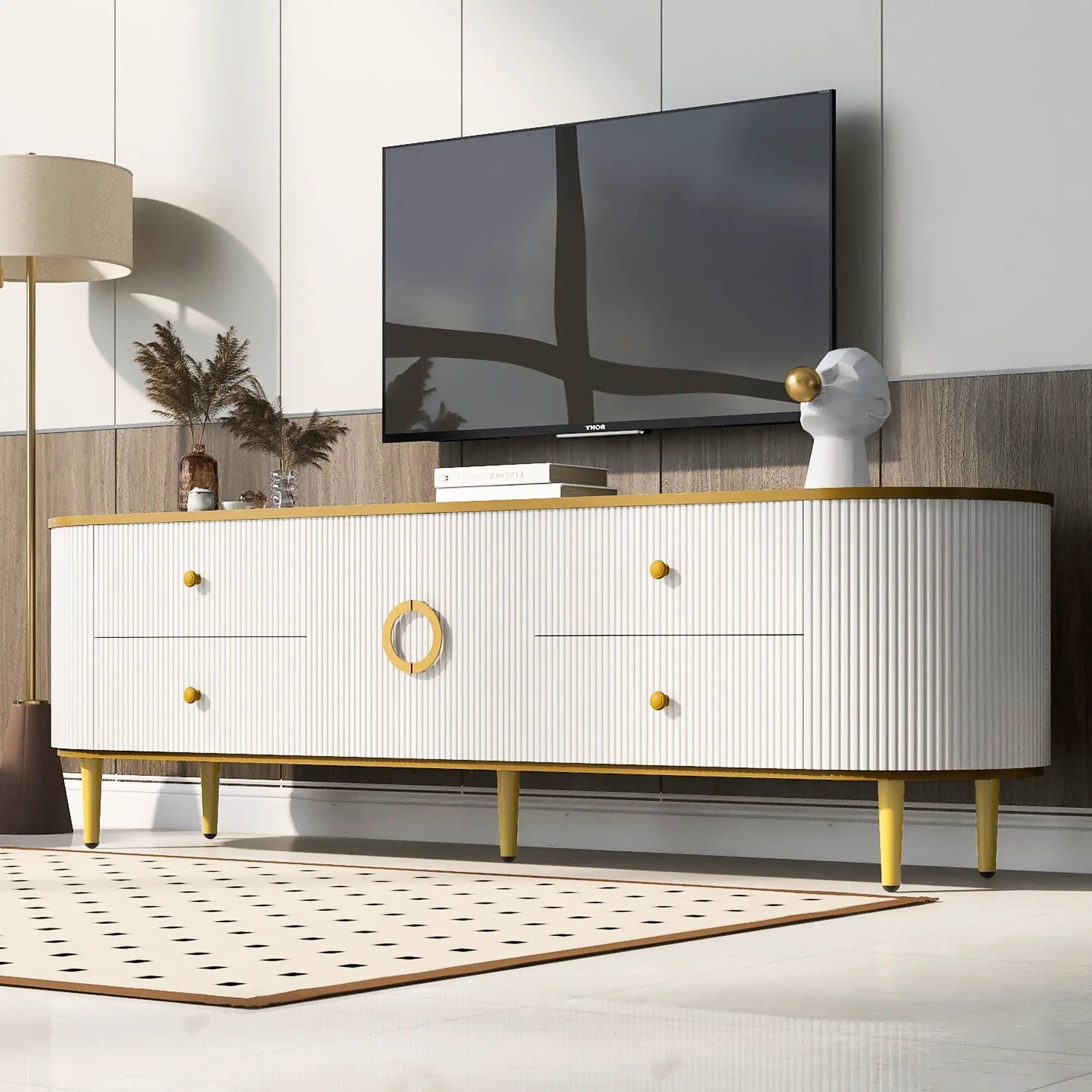 Modern TV Stand For TVs Up To 80", Entertainment Center With 4 Drawers And 1 Cabinet, Wood TV Console Table With And Handles For Living Room - White by HouseOfZazla