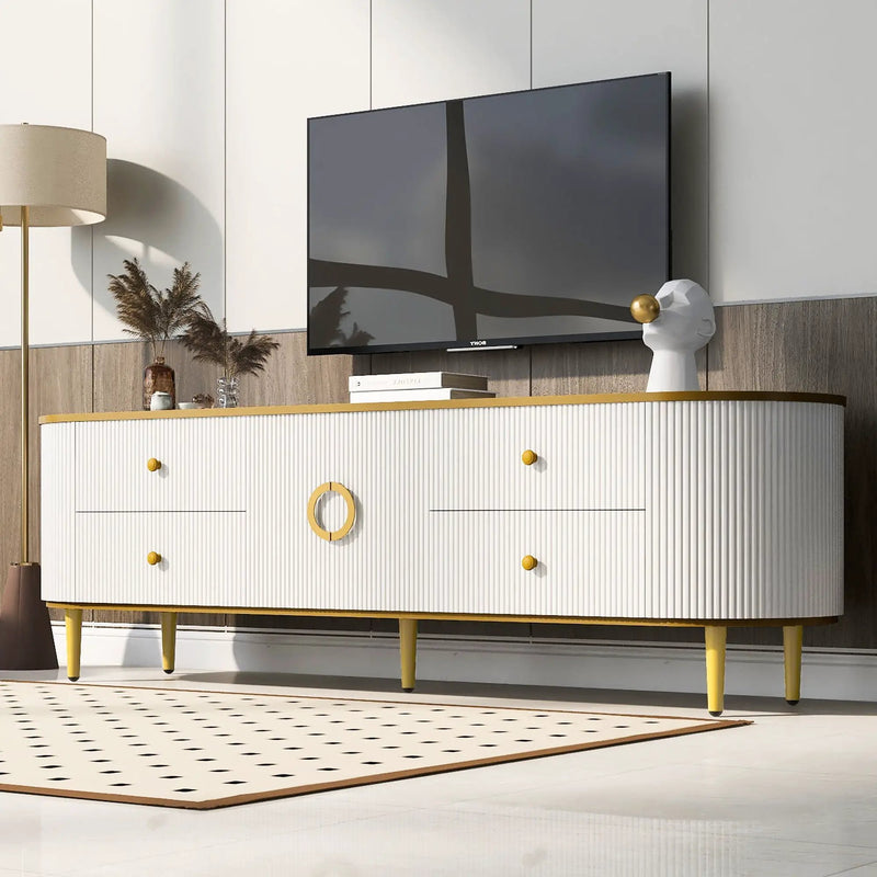 Modern TV Stand For TVs Up To 80", Entertainment Center With 4 Drawers And 1 Cabinet, Wood TV Console Table With And Handles For Living Room - White by Unique Piece Furniture