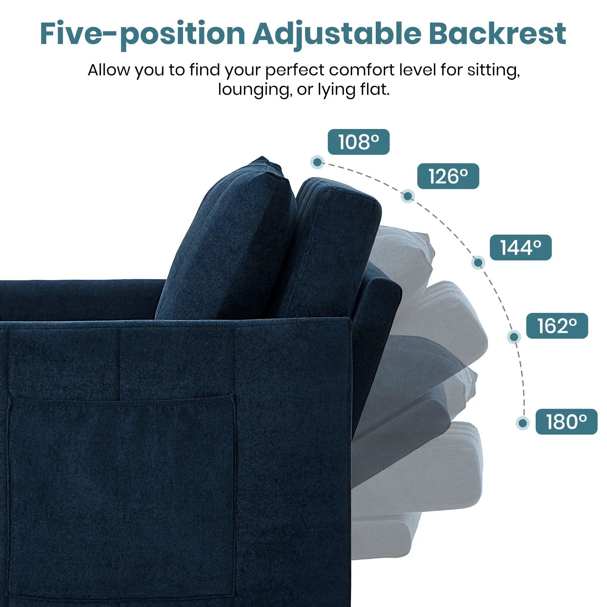 Upholstered Convertible Sleeper Sofa With 5 Position Backrest, Side Pockets, Storage