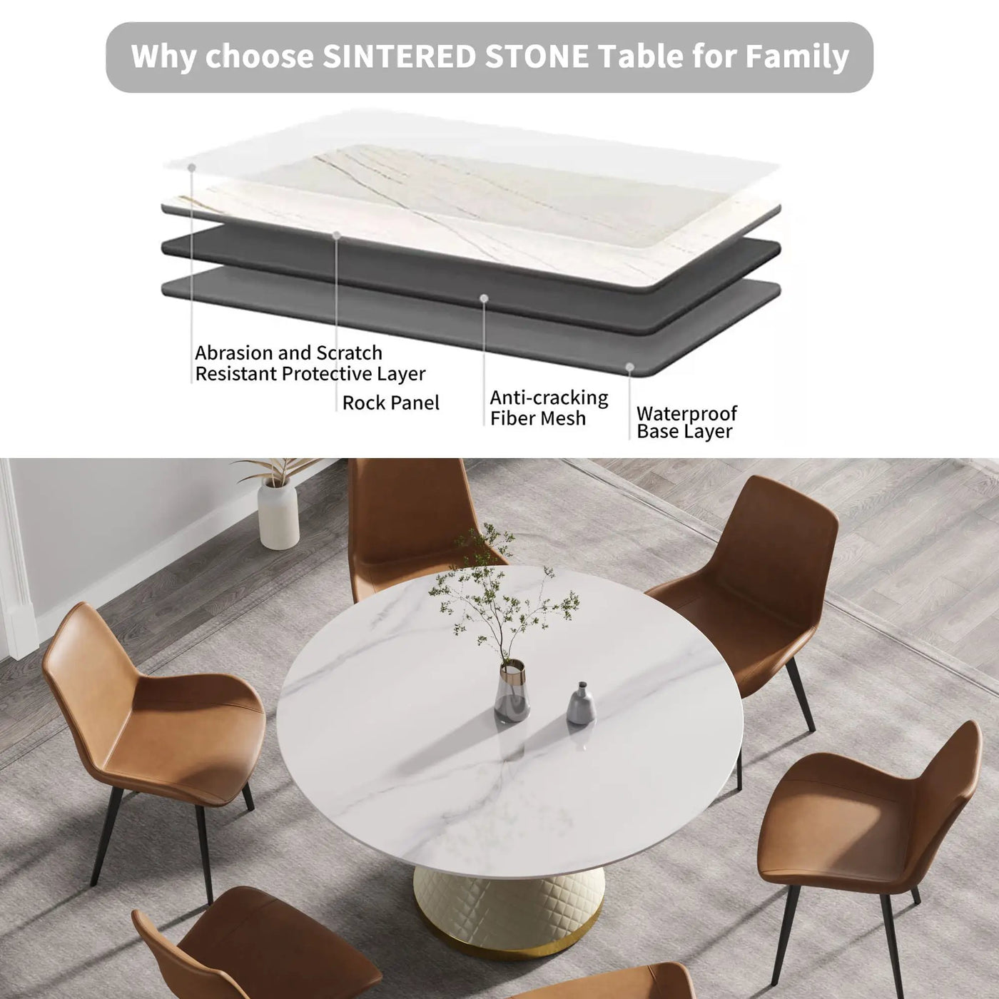 Modern Artificial Stone Round Carbon Steel Base Dining Table, Can Accommodate 6 People by HouseOfZazla