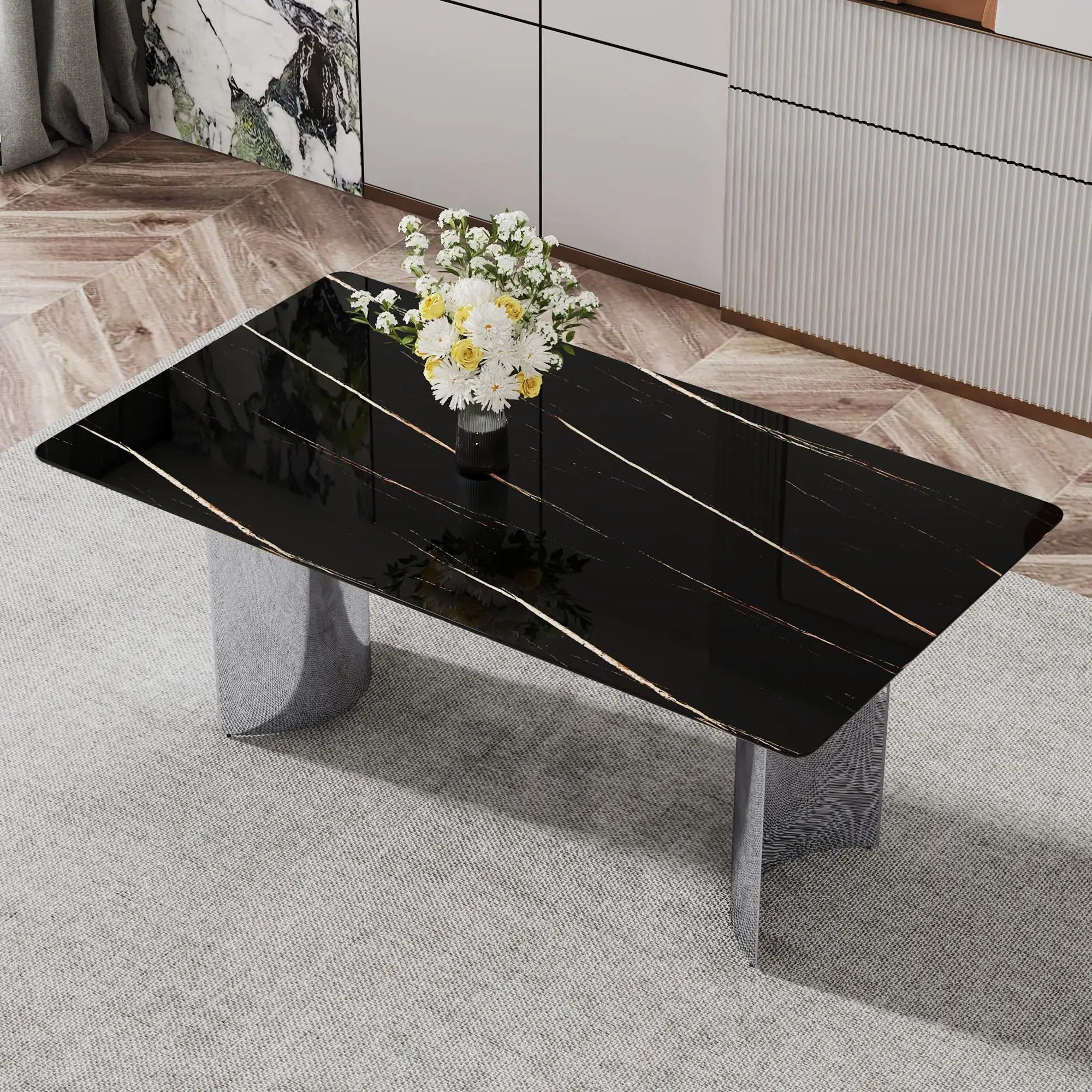 Modern Minimalist Dining Table With Marble Glass Top by Unique Piece Furniture