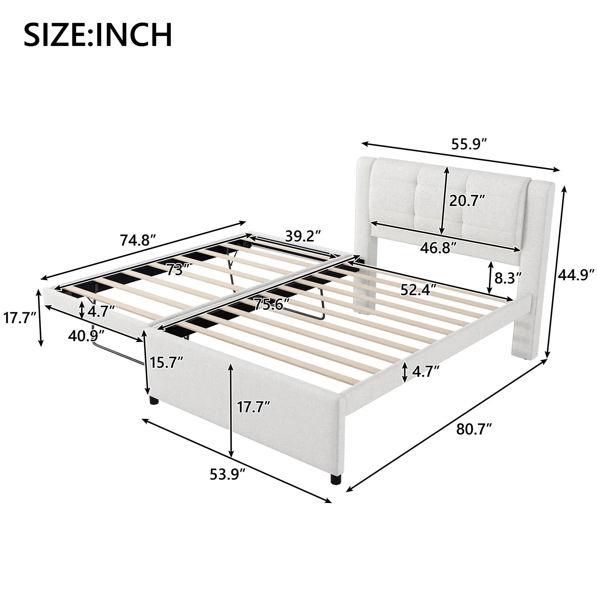 Upholstery Platform Bed With Trundle, Trundle Can Be Flat Or Erected by HouseOfZazla