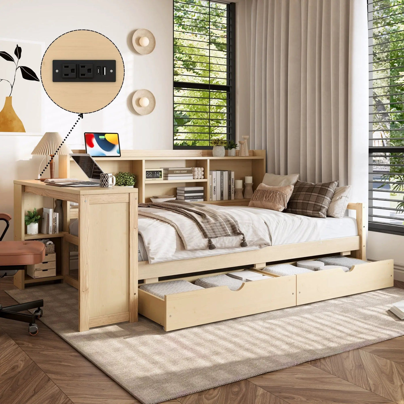 Corner Daybed With Storage Drawers, Desk, Charging Port & Bookcase by HouseOfZazla