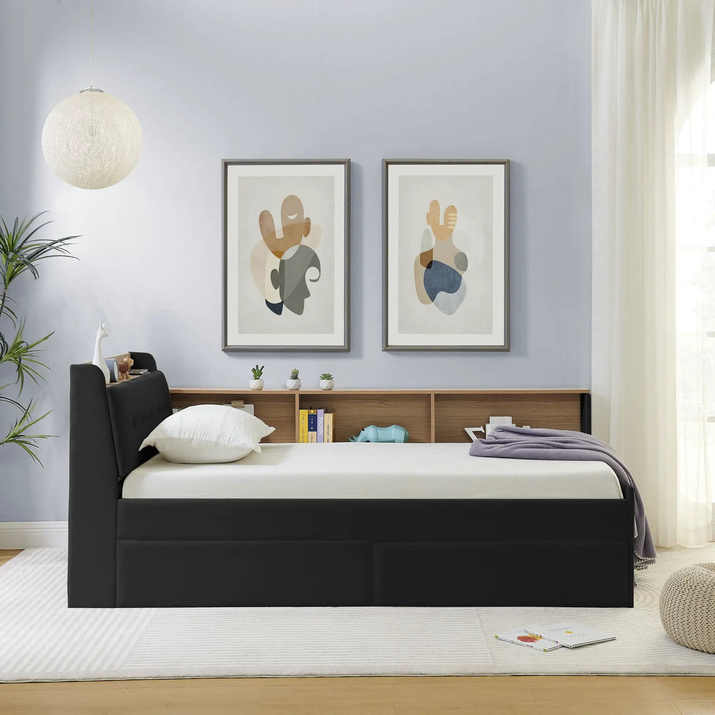 Upholstered Daybed With Storage Headboard, Wireless Charging, LED Lights by HouseOfZazla
