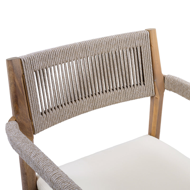 Braided Acacia Wood Outdoor Dining Chairs Set of 4 – Teak Look with Beige Rope & Cream Cushions by HouseOfZazla
