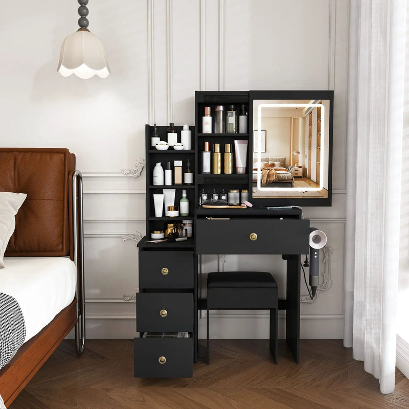 Vanity Desk With 3 LED Lighting Modes, 4 Drawers, Open Shelves, Hair Dryer Holder & Power Socket Dressing Table Set With Chair - Black by Unique Piece Furniture
