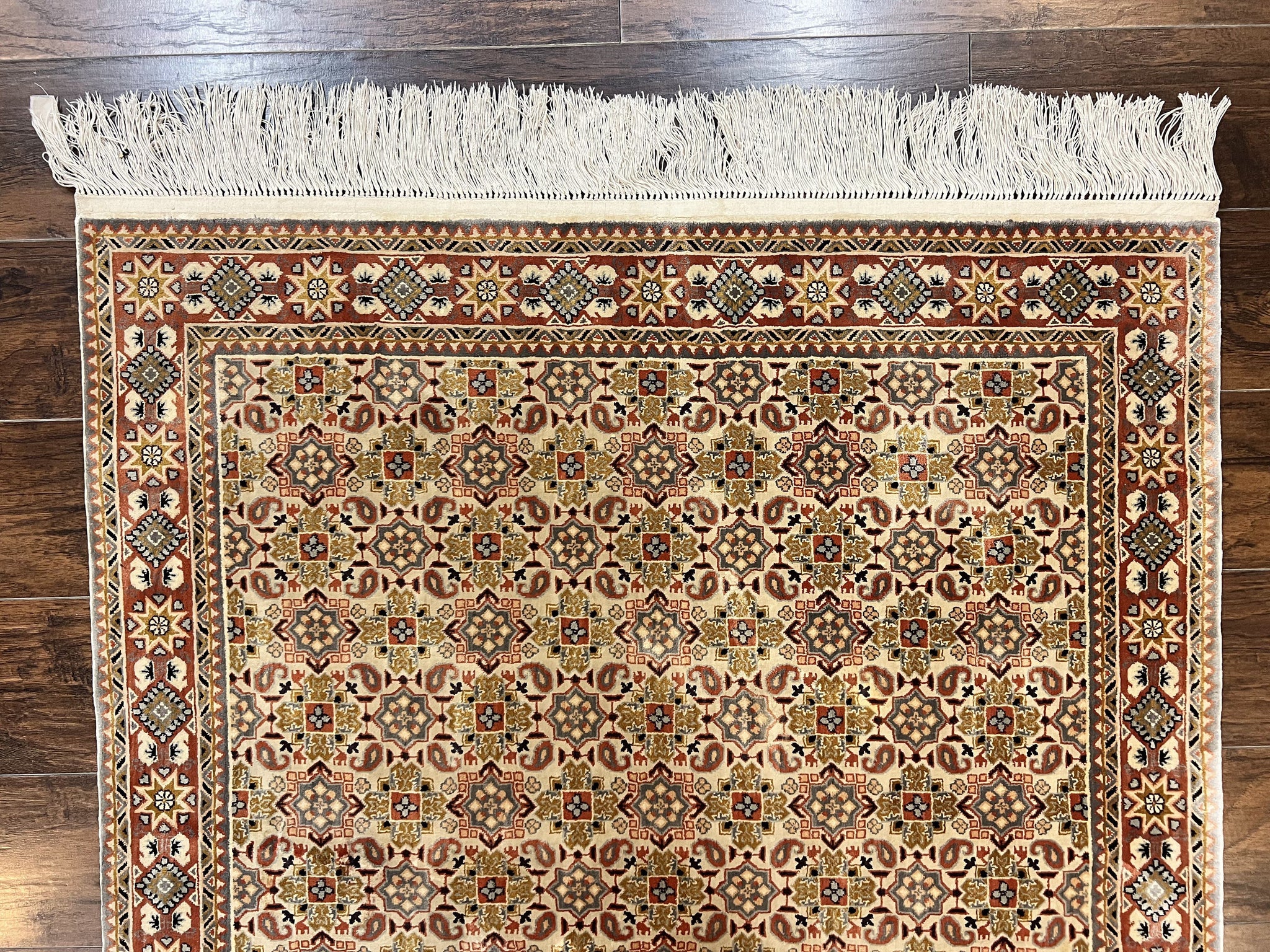 Turkish Kayseri Silk Rug 4x6, Hand Knotted Handmade Vintage Allover Pattern, Fine Silk Oriental Carpet 4 x 6 ft, Traditional Rug, Cream by Jewel Rugs