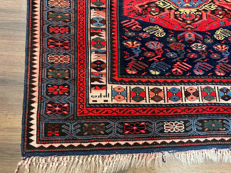 Antique Caucasian Seychour Rug 3.7 x 5.5, Collectible Oriental Carpet, Navy Blue and Red, Fine Kuba Rug, Vintage Rug, Wool Hand Knotted Rug by Jewel Rugs