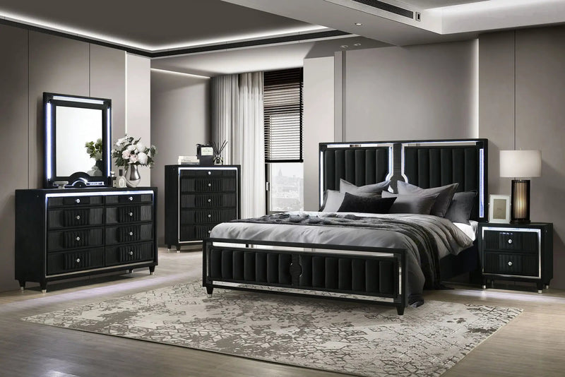 Ravenne 5-piece Velvet Upholstered Queen LED Bedroom Set Black by Unique Piece Furniture
