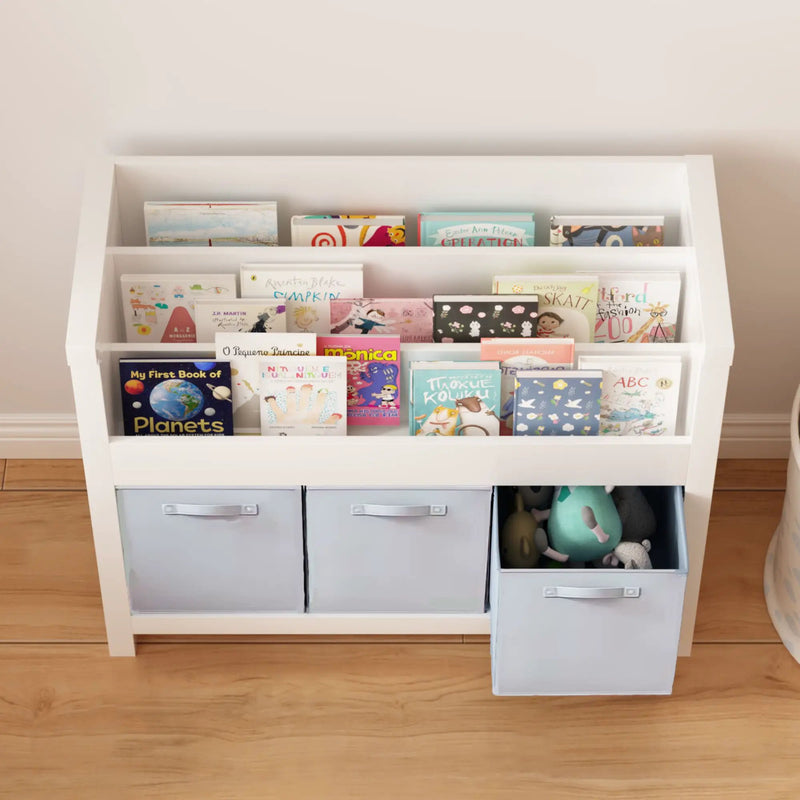 Bookshelf With 3 Tier Front Facing Storage And 3 Bins, Toddler Bookcase For Playroom - White by HouseOfZazla