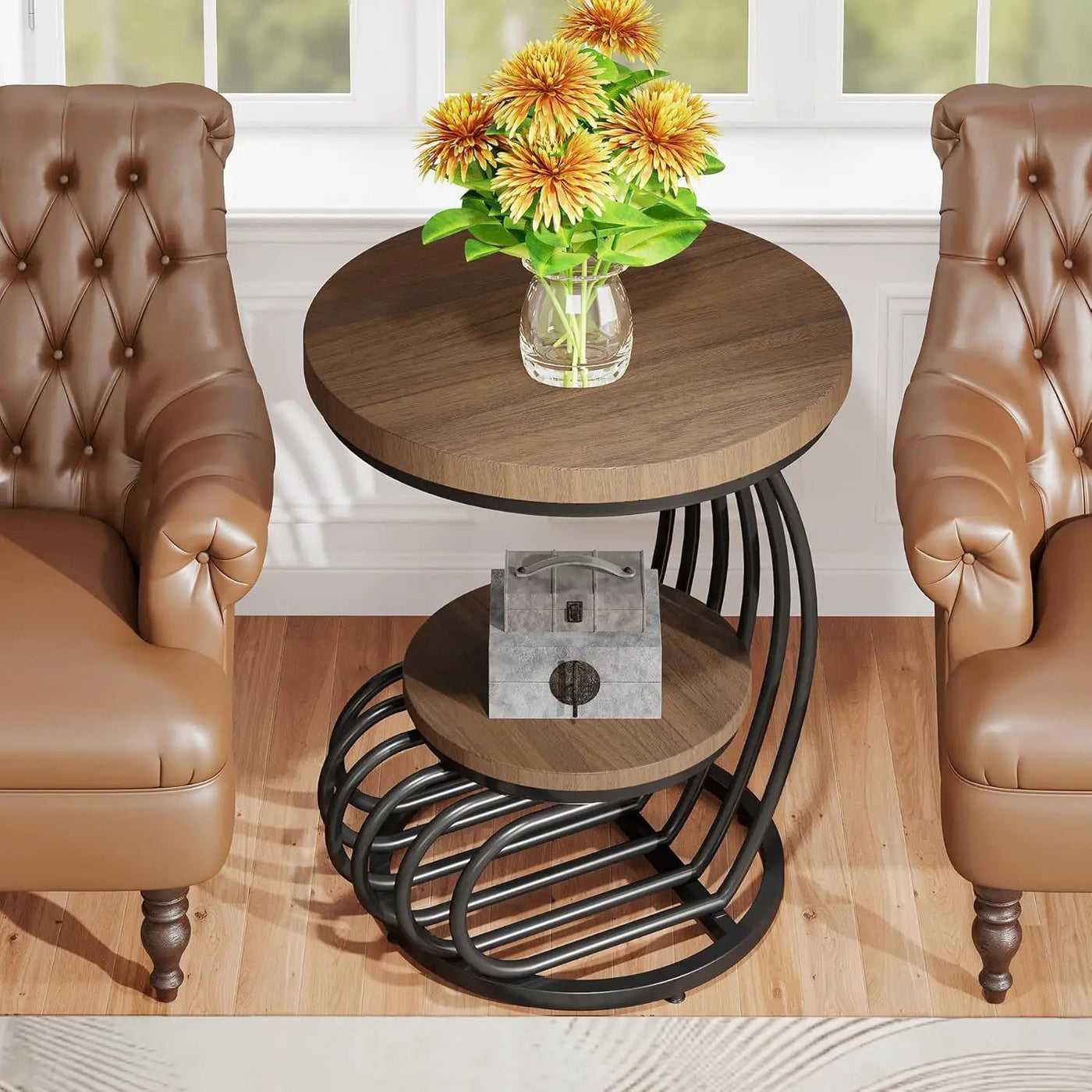 Round Vintage End Table With 2 Tier Storage by HouseOfZazla