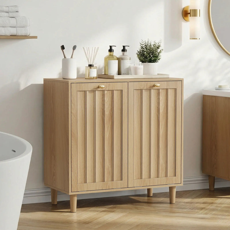 Sloping Laundry Basket With Removable Inner Bin, Concealed Storage Cabinet For Bathroom - Oak by Unique Piece Furniture