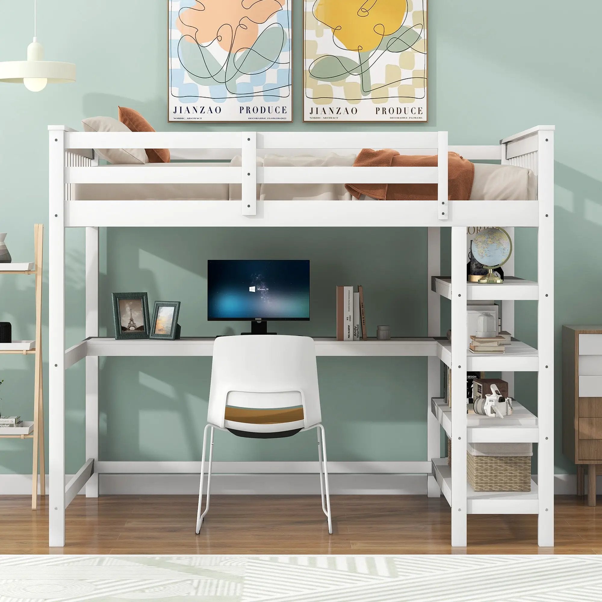 Loft Bed With Storage Shelves And Under Bed Desk