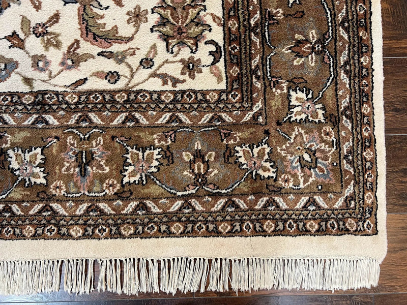Indo Kirman Rug 8x12 Allover Floral Design, Ivory/Cream Brown, Vintage Handmade Hand Knotted Rug, Traditional Wool Persian Carpet 8 x 12 by Jewel Rugs
