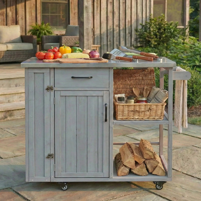 Outdoor Kitchen Island Fir Wood Prep Station with Stainless Steel Top by HouseOfZazla
