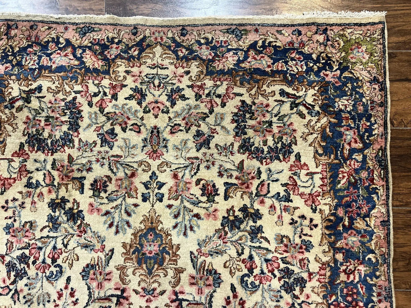 Antique Persian Kirman Rug 4x7, Cream and Navy Blue, Hand Knotted Wool Floral Carpet by Jewel Rugs