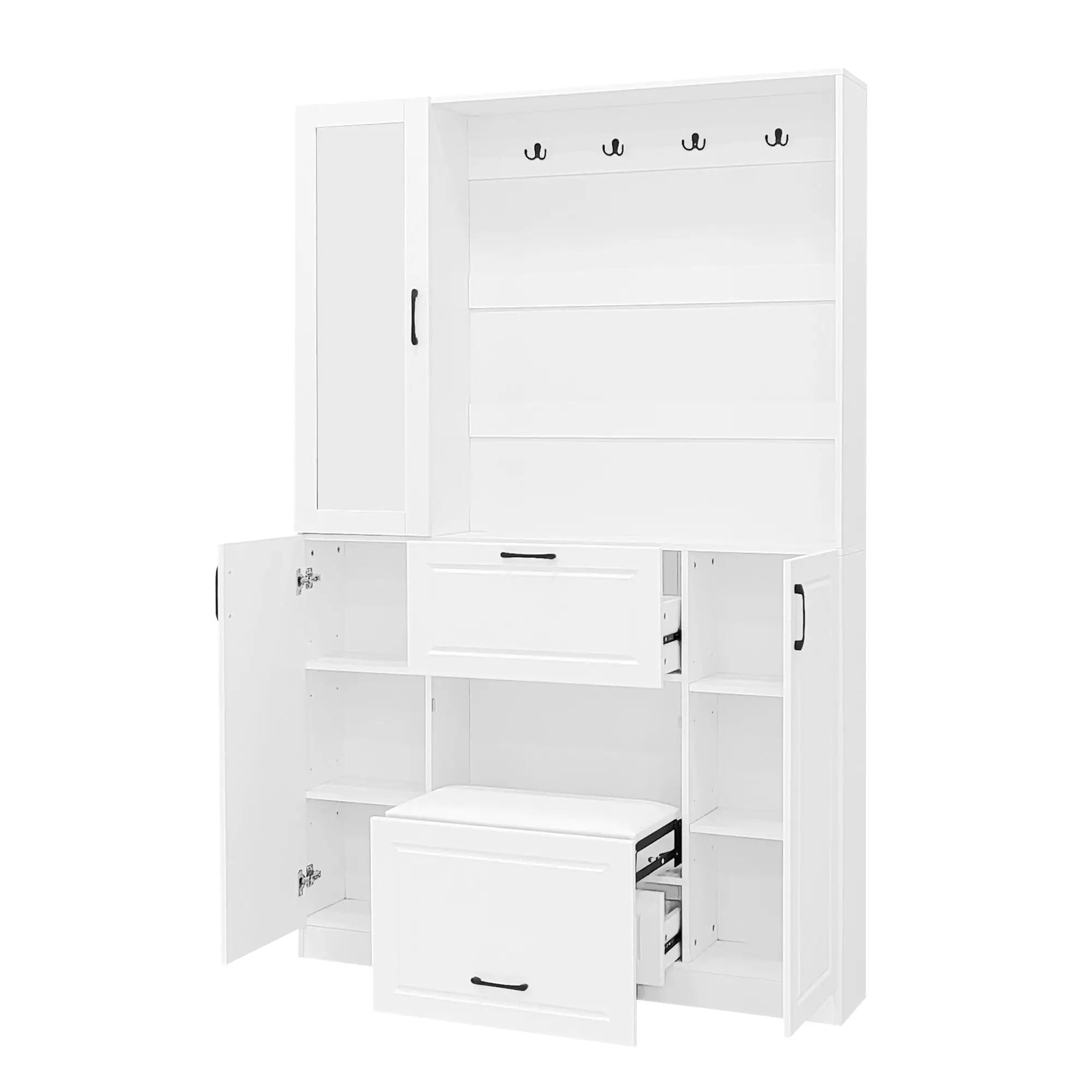 Entryway Bench With Integrated Shoe Cabinet, 3 In 1 Design And Mirrored Cabinet Door, Hall Tree With 4 Sturdy Hooks And Foldable Seat For Entrance, Living Room - White by HouseOfZazla