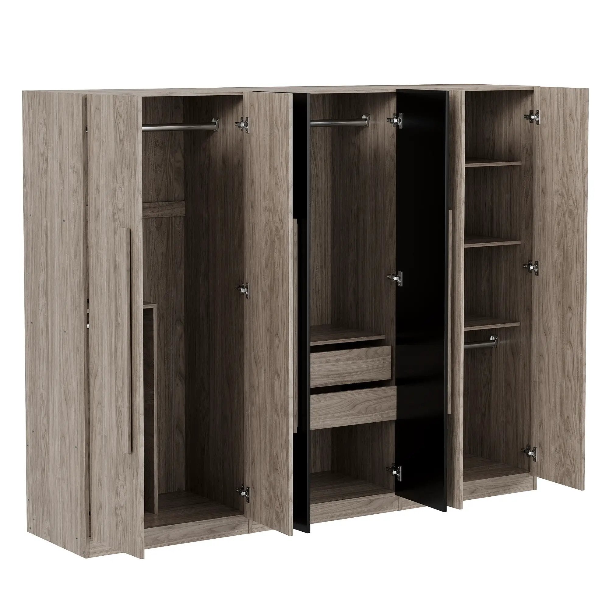 6 Doors Wardrobe Storage For Bedroom, With 2 Drawers Inside - Black / Nature by HouseOfZazla