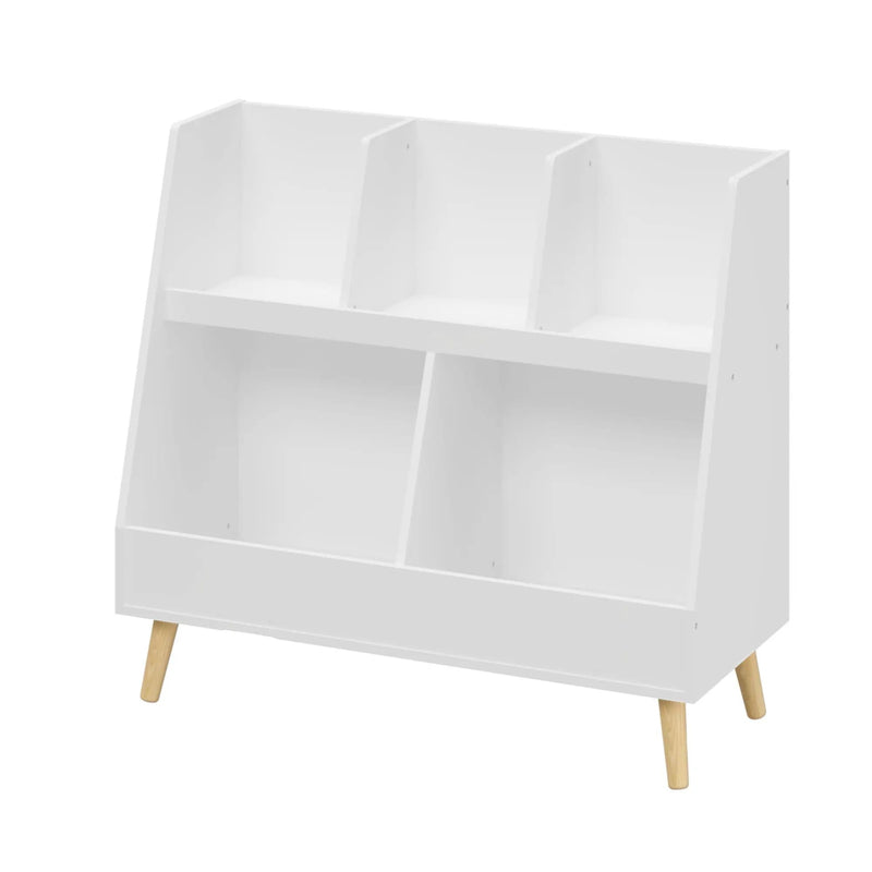 Kids Bookshelf And Toy Organizer, 5 Cubbies Wooden Open Bookcase, 2-Tier Baby Storage Display Organizer With Legs, Free Standing For Playing Room, Bedroom, Nursery, Classroom - White by HouseOfZazla