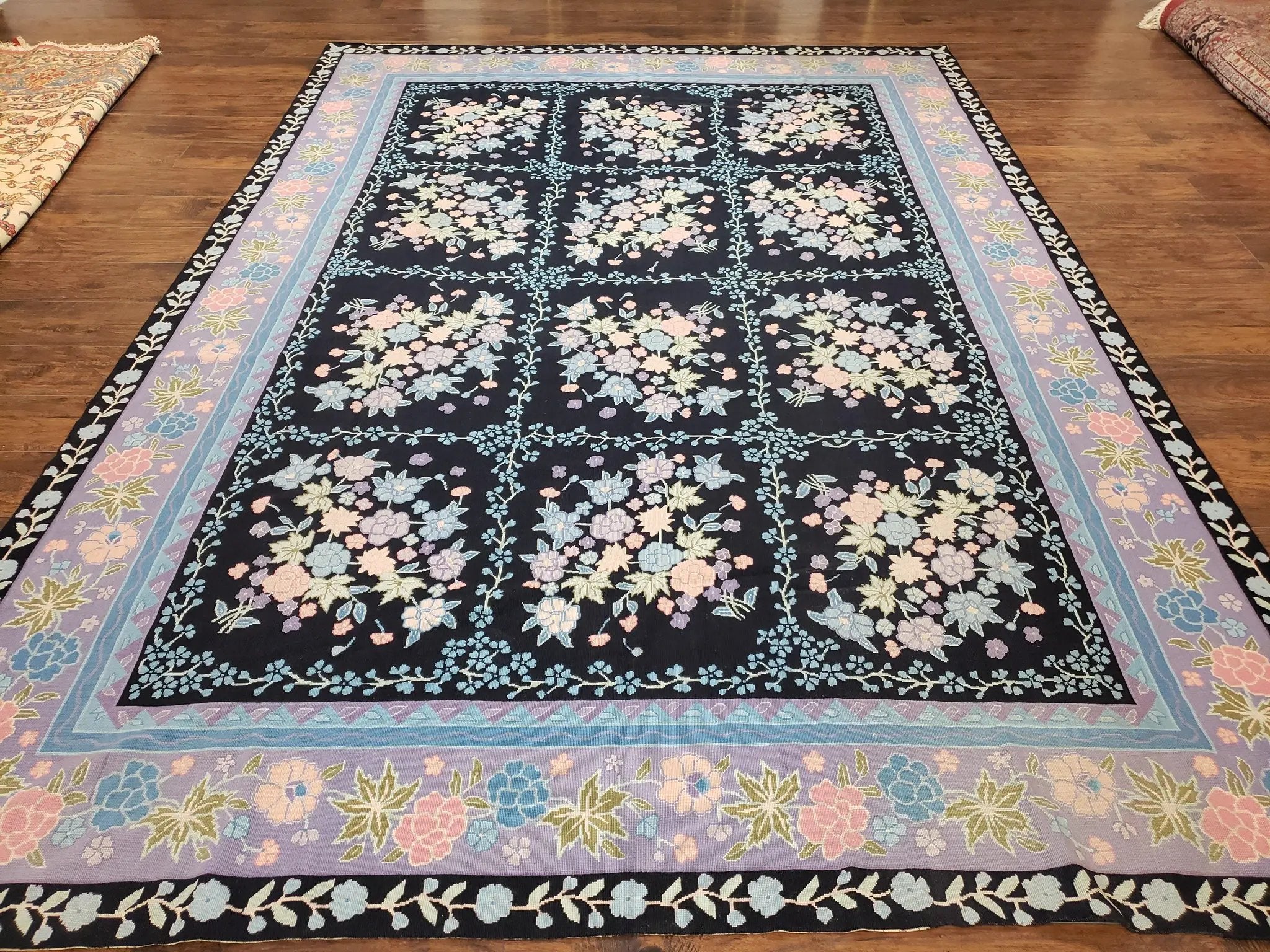 Chinese Needlepoint Rug 8 x 11.4, Hand-Woven Area Carpet, Flatweave Rug, Black Blue Light Violet Floral Garden European Design Wool Aubusson by Jewel Rugs